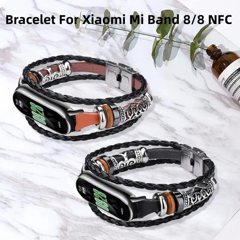 

Watch Strap For Xiaomi Mi Band 8/8 NFC Smart Watch Vintage Fashion Leather Beading Ethnic Style Replacement Bracelet Accessories