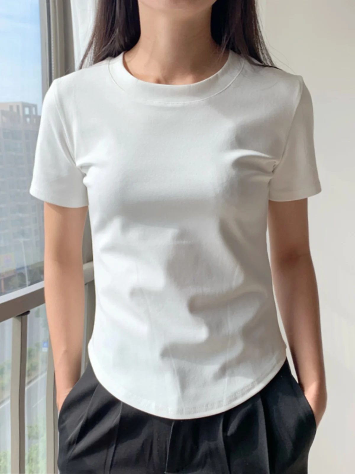 2024 новая облегающая футболка из чистого хлопка с короткими рукавами женская