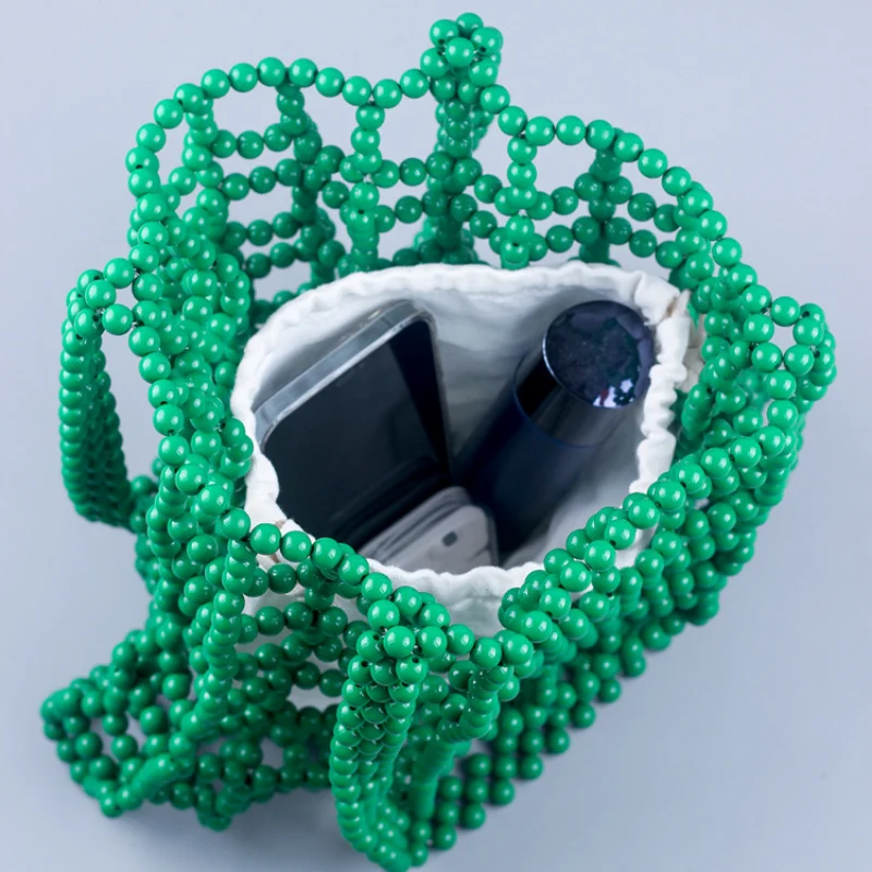 Summer Green Acrylic Beaded Bag Hollow Out Design Women's Tote Bag Seaside Travel Shopping Beach Bag Female Shoulde Bag 2023