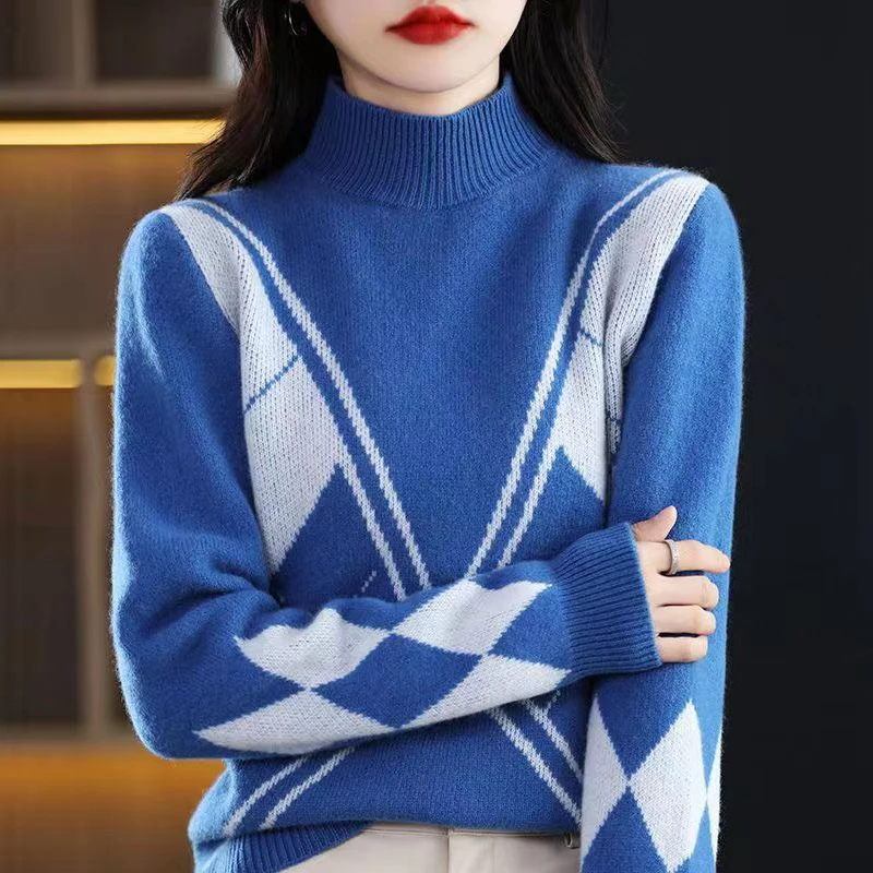 

Diamond Print Knit Pullover Sweater Autumn Winter Long Sleeve Casual Sweater Korean Style Elegant Round Neck Sweater for Female