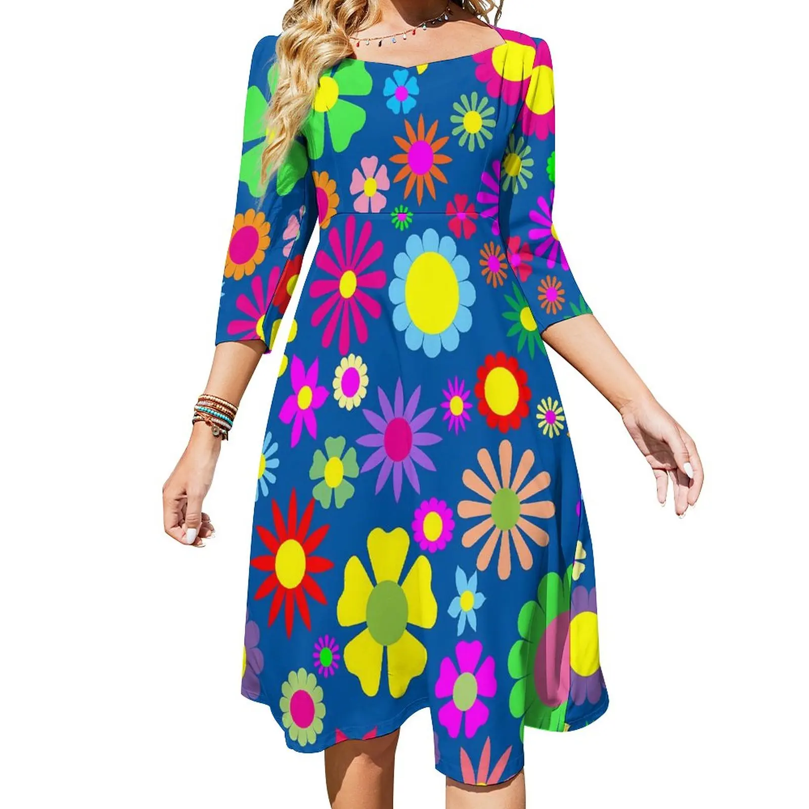 

Flower Power Casual Dress Women Colorful Floral Stylish Dresses Retro Dress With Bow Spring Oversized Clothes