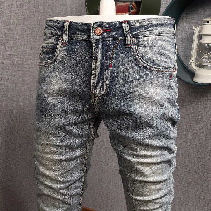 Fashion Trendy Men Jeans Retro Washed Gray Blue Elastic Stretch Slim Ripped Jeans Men Embroidery Designer Vintage Denim Pants