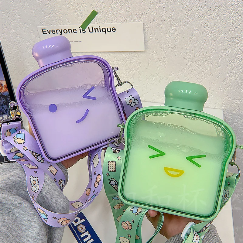 

380ml Girl Cute Water Bottle with Strap Creative Student Portable Outdoor Water Cap with Sticker Plastic Summer Drinking Bottle