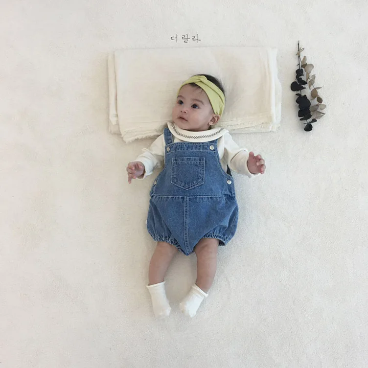 

2023 Korean Summer Children Girl Romper Solid Denim Cotton Button Fly Jumpsuit Pocket Sling Sleeveless Infant girls Bodysuit