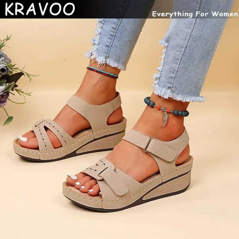 

KRAVOO Women Shoes Roman Peep Toe Hook and Loop Platform Wedges Women Sandals Slippers Plus Size 35-43 Female Shoes 2023 Summer