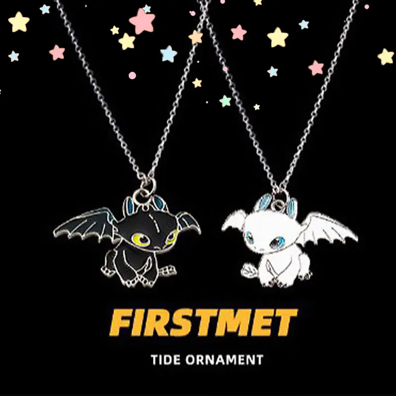 Kawaii Light Fury Night Fury Necklace Cartoon Black and White Dragon Couple Necklace Pendant Jewelry Ornament Sweater Chain Gift