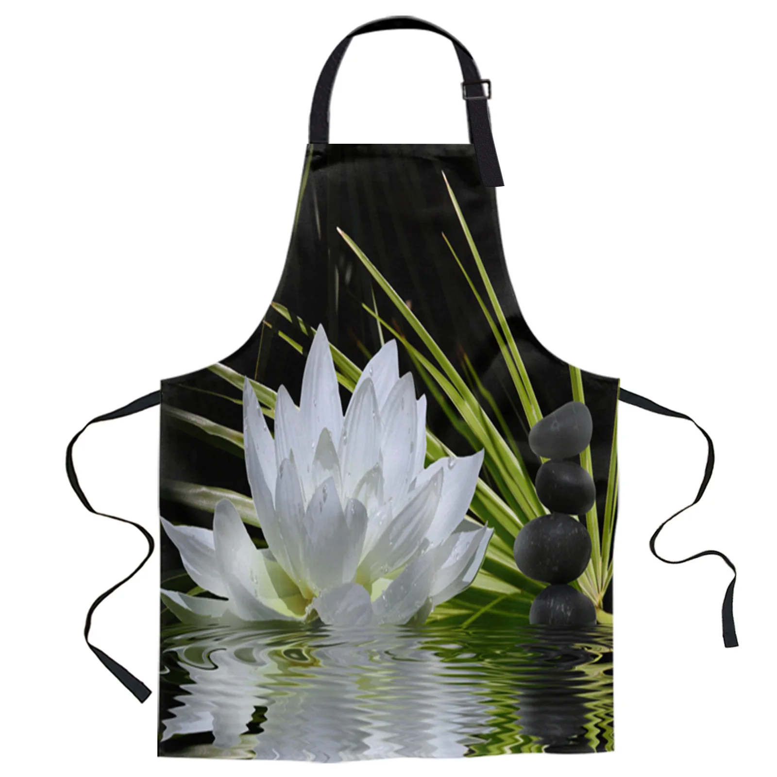 

Lotus Stone Grass Water Wave Design Adjustable Canvas Kitchen Coffee Apron Ladies Couple Cooking Dining