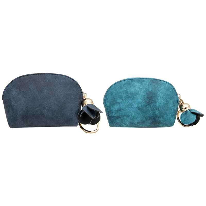 

2 Pcs PU Leather Mini Wallet Card Key Clip Zipper Coin Purse Floral Pendant Clutch Bag Small Handbag Bag, Blue & Green