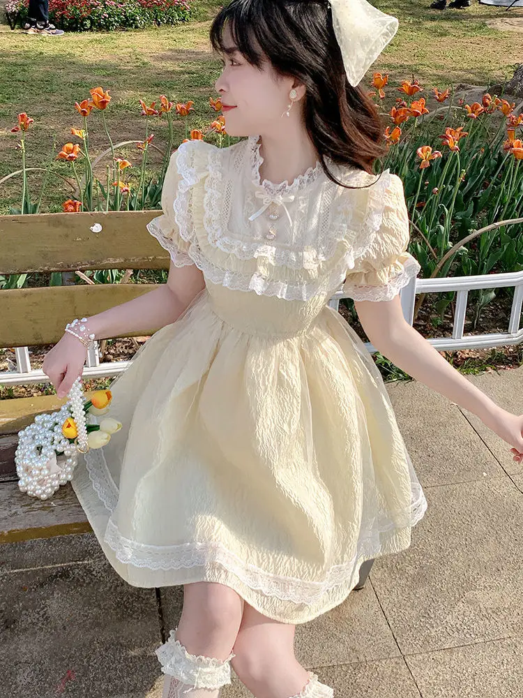 

Летнее милое французское кружевное платье с оборками, женские элегантные милые праздничные вечерние-платья, женское корейское модное сказ...