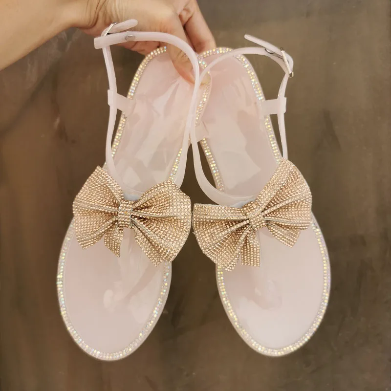 

2022 Women Sandals Outside Beach Shoes Diamond Bow Tie Clip Toe Woman Flip Flops Transparent Summer Jelly Shoes Large Size 41