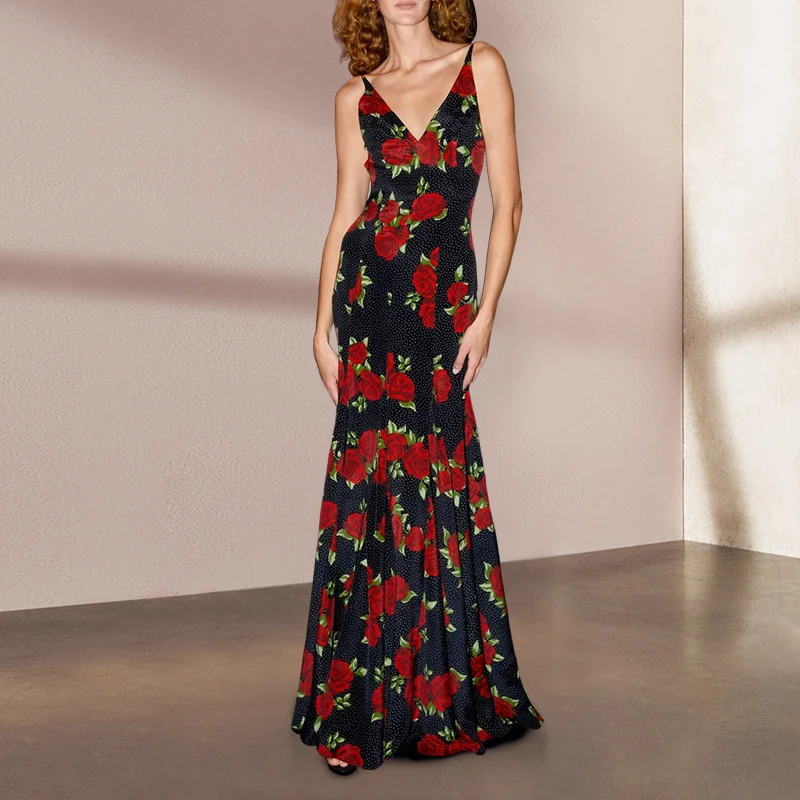 

Женское модельное платье на бретельках, дизайнерское винтажное длинное платье с принтом роз, лето 2023