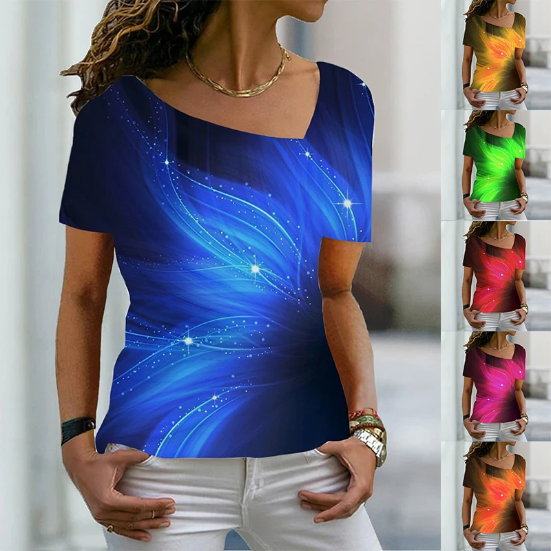 

Женская футболка с абстрактным геометрическим принтом, базовый топ с V-образным вырезом и L-образным вырезом, рубашка с радужным/3D фото рисунком, пуловер 6XL, лето 2022