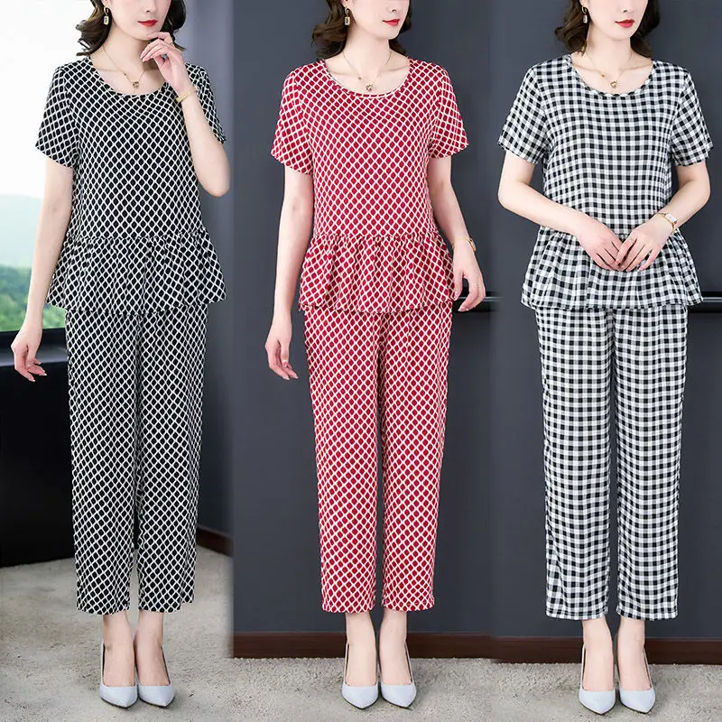 

Middle-aged and Elderly Women's Summer Suits Short Sleeve Cotton Linen T-shirt Tops + Wide-leg Pants 2 Pcs Home Service Sets W66