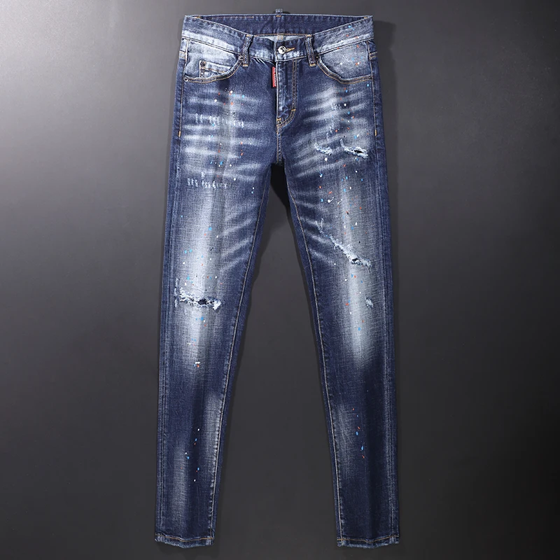 

Streetwear Fashion Men Jeans Retro Blue Elastic Slim Fit Destroyed Ripped Jeans Men Painted Designer Hip Hop Brand Denim Pants
