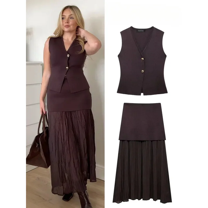 Женский костюм-двойка повседневный модный вязаный жилет без рукавов с v-образным