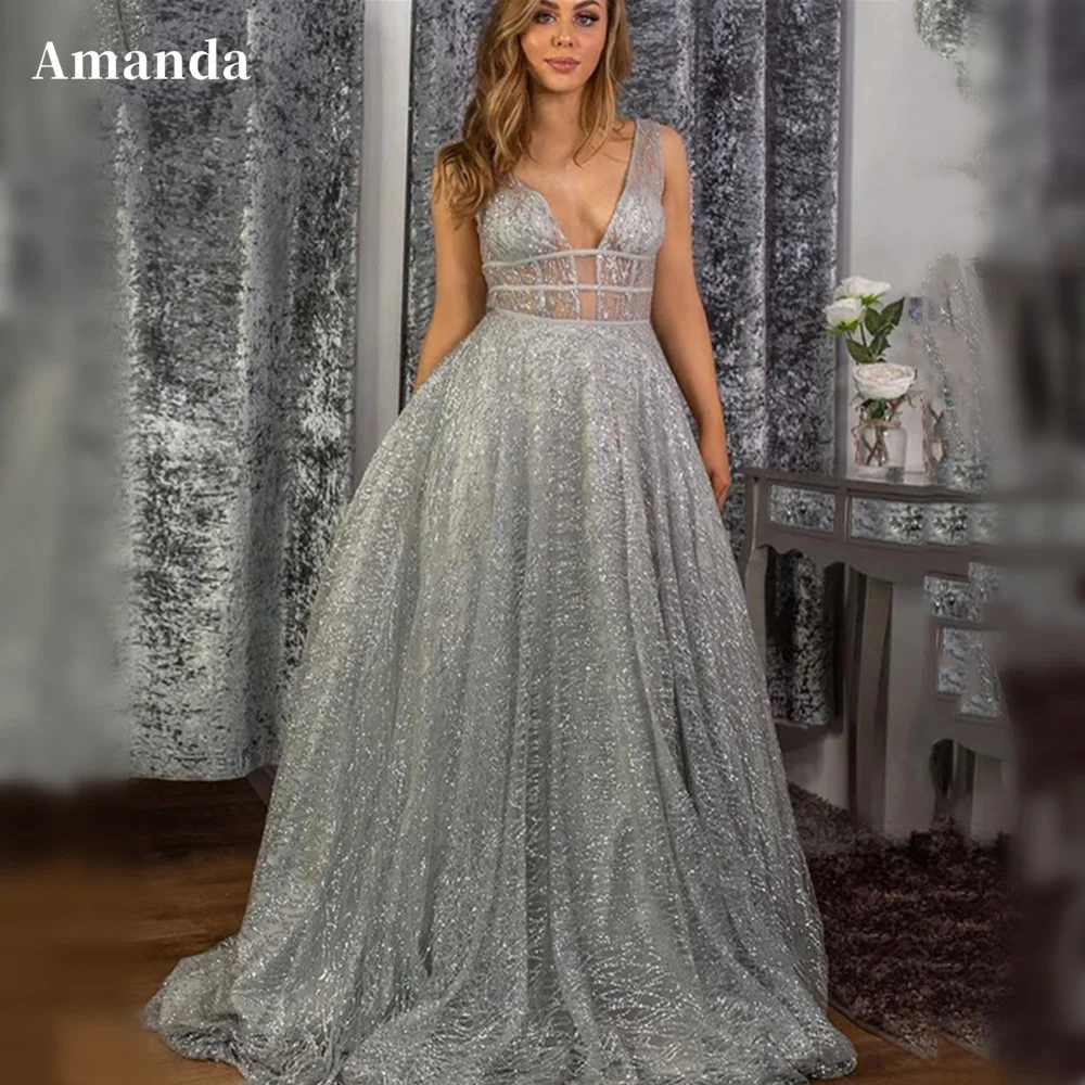 

Amanda Glitter Grey V-neck Evening Dress Shiny A-line Prom Dress 2023 Flashing Ball Gown Party Dress فساتين مناسبة رسمية