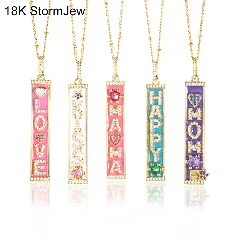 

Enamel Dripping Oil Letter Necklace Zircon Letter MOM LOVE HAPPY KISS MAMA Pendant Necklaces Rectangle Charm Exquisite Jewelry