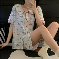 caiyier cute watermelon girls sleepwear summer short sleeve shorts nightwear korean soft kawaii pijamas set women lounge wear