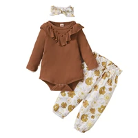 newborn babys girls clothes suit toddler infant ribbed knitted crew neck long sleeve bodysuit topfloral panthairband 3pcs set
