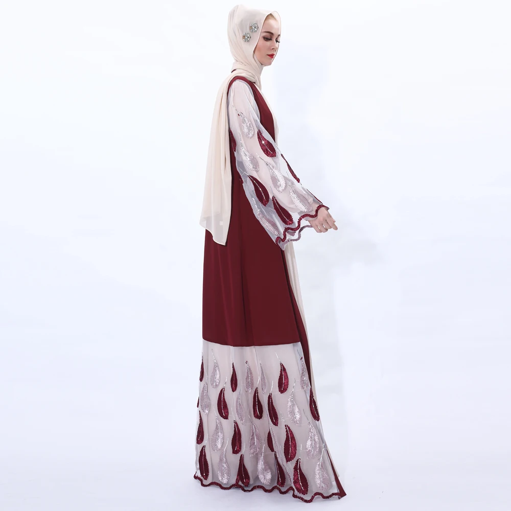 Elegant Fashion Abaya Kimono for Muslim Women Flare Sleeve Summer Skirt Maxi Embroidery Gauze Kimono Dress with Sash