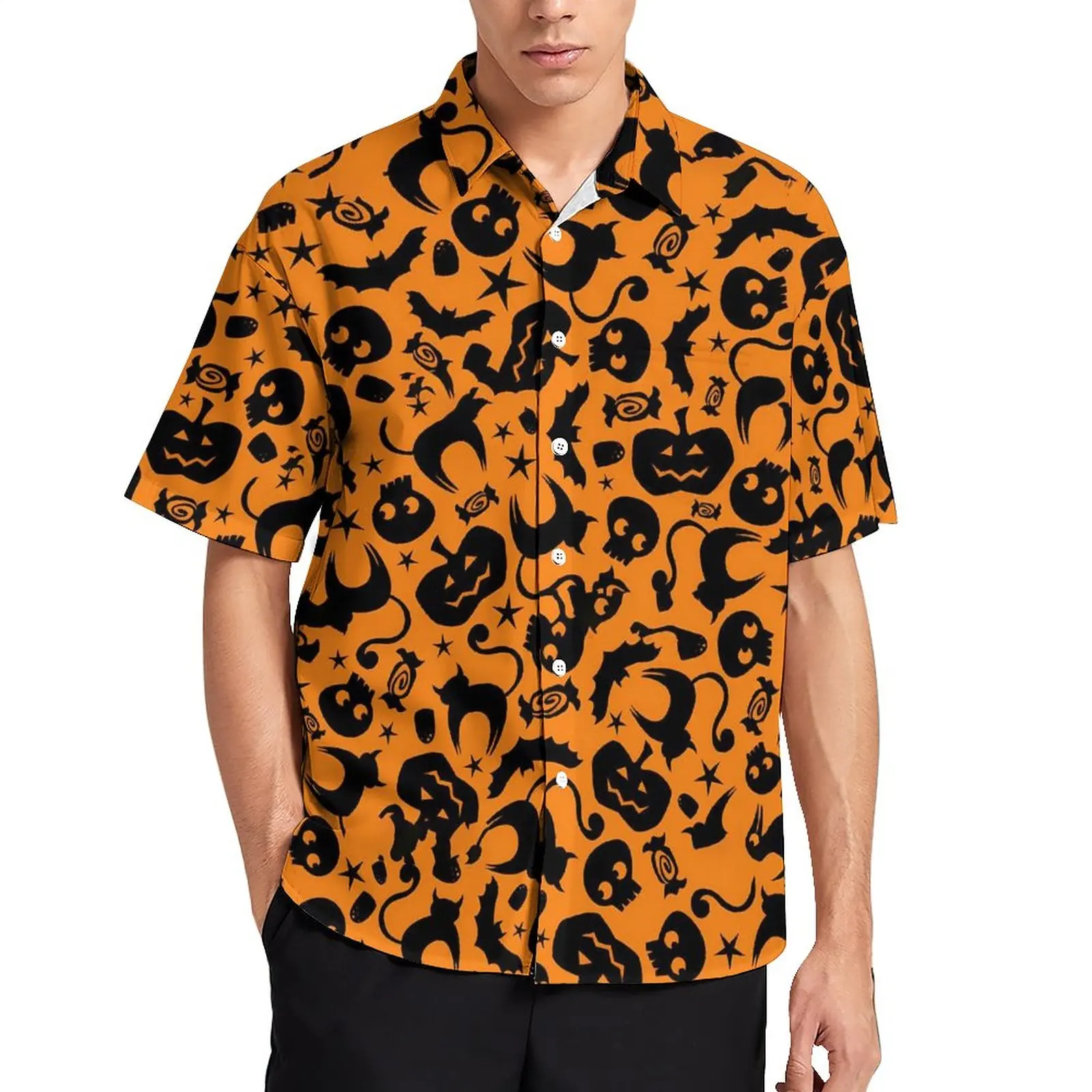 

Pumpkin Loose Shirt Male Vacation Whimsical Halloween Casual Shirts Hawaii Graphic Short Sleeve Fashion Oversized Blouses