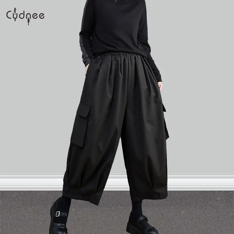 Женские широкие длинные брюки с высокой эластичной резинкой на талии и карманами