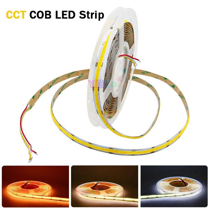 5M Flexible CCT COB LED Strip Tape double color temperature 24V 608LEDs/m White Warm White 2 in 1 FCOB Top angle line Light