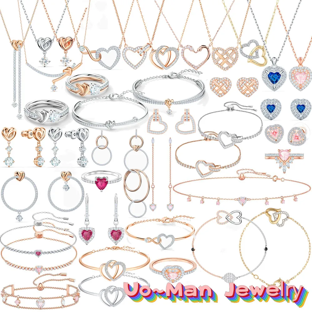 

2023 Swa1:1 Fashion Women's Jewelry Set Charm Red Blue Love Crystal Heart Shaped Pendant Women's Necklace Earrings Bracelet Ring