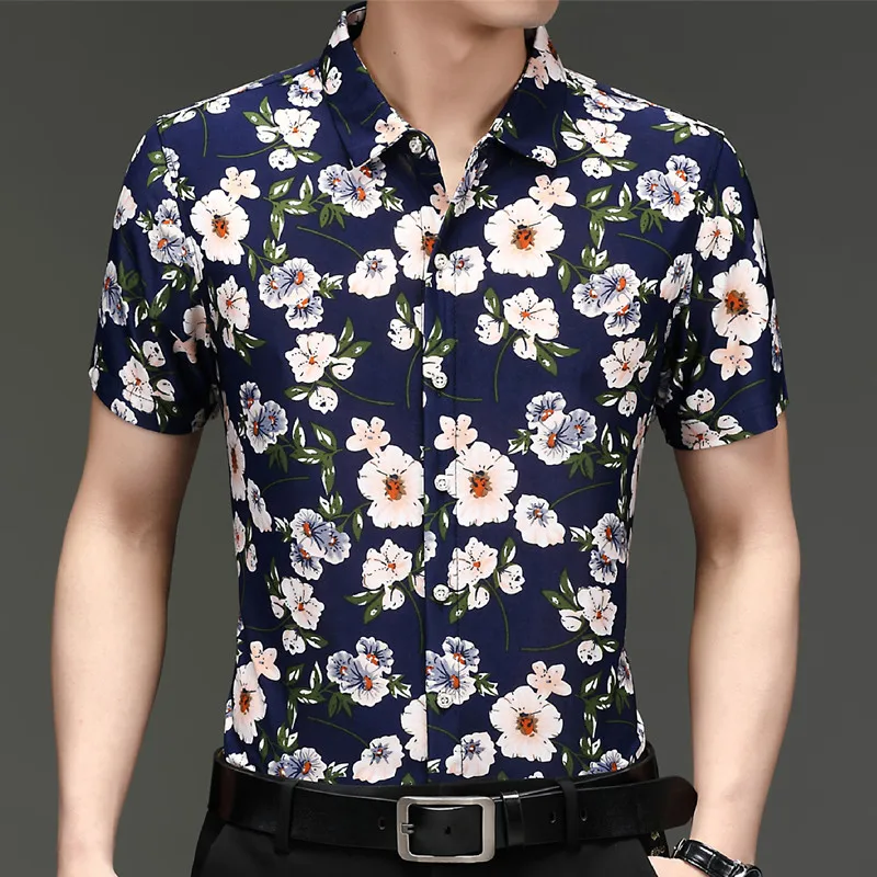 

2022 Summer Short Sleeve Shirts Men Flowers Printed Slim Casual Shirt Social Lapel Tops Streetwear Men Clothing Tuxedo Blouse