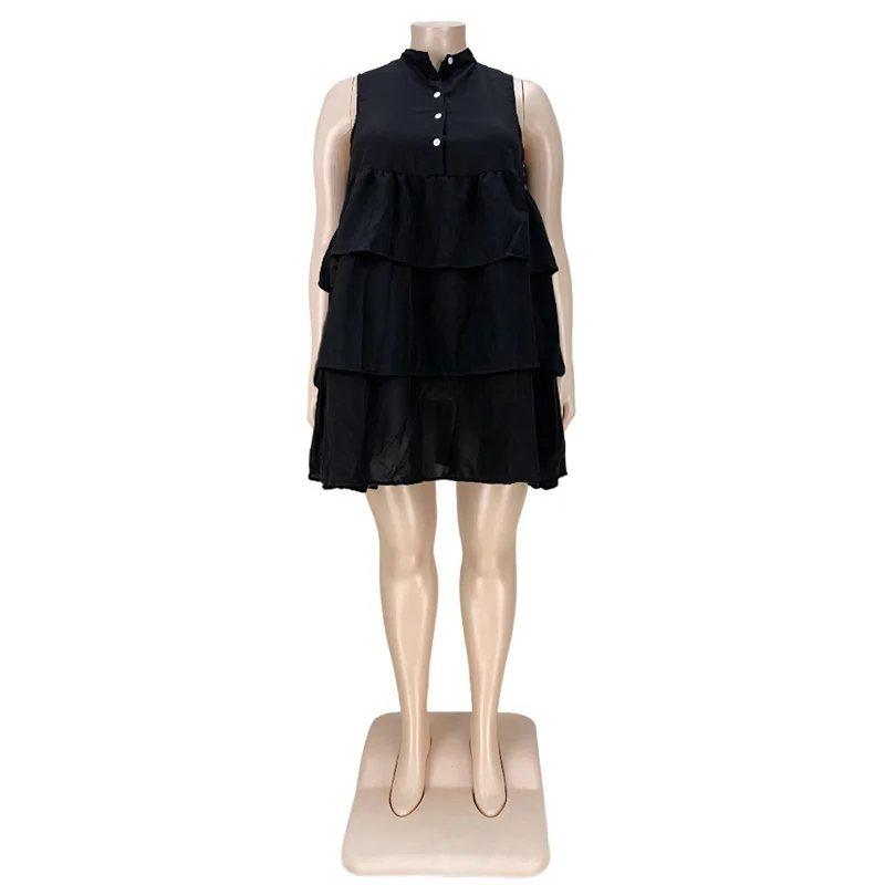 Plus Size 5xl Loose Dresses Women Summer Wholesale Solid Sleeveless Buttons Ruffle Casual Knee Length Mini Dr 3xl 4xl 5xl 6xl