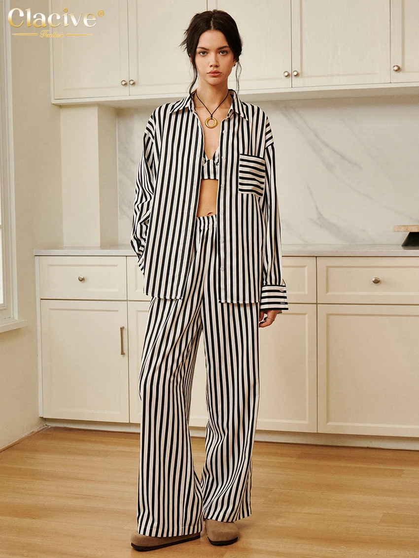 Clacive Fashion Свободные брюки в полоску с принтом Женские комплекты из 3 предметов