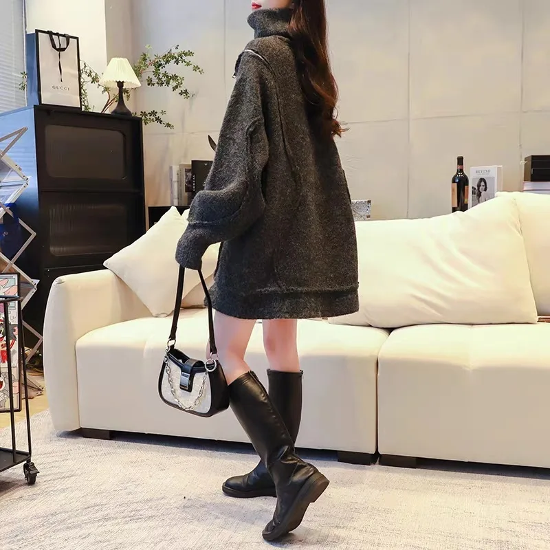 Женский вязаный свитер-водолазка [EWQ] свободный плотный теплый джемпер-водолазка