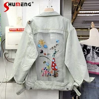2022new autumn versatile embroidery cartoon pattern loose korean style casual retro ins trendy denim jacket for women