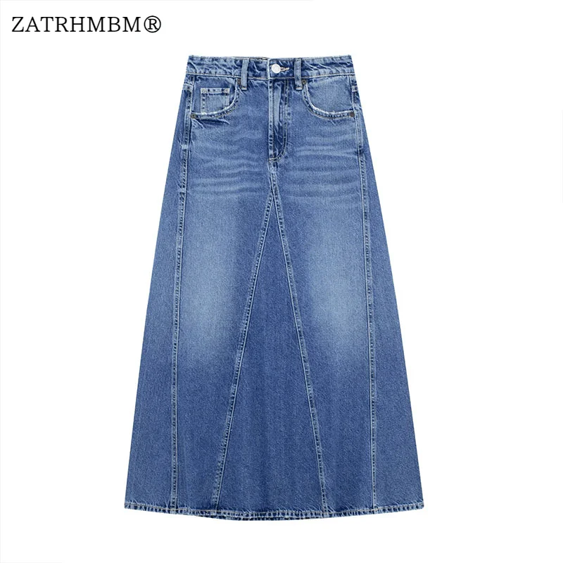 

ZATRHMBM Women 2023 Spring New Fashion Casual Denim Midi Skirt Vintage Side Pockets Zip Fly High-Waisted Female Skirts Mujer