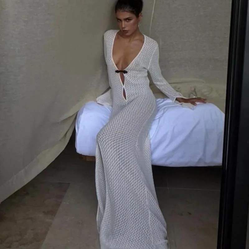 

Zoctuo Button Sexy Y2K Long Sleeve Hollow Out V-Neck Crochet Cover Up Maxi Dresses Party Evening Beach Outfits Vacation