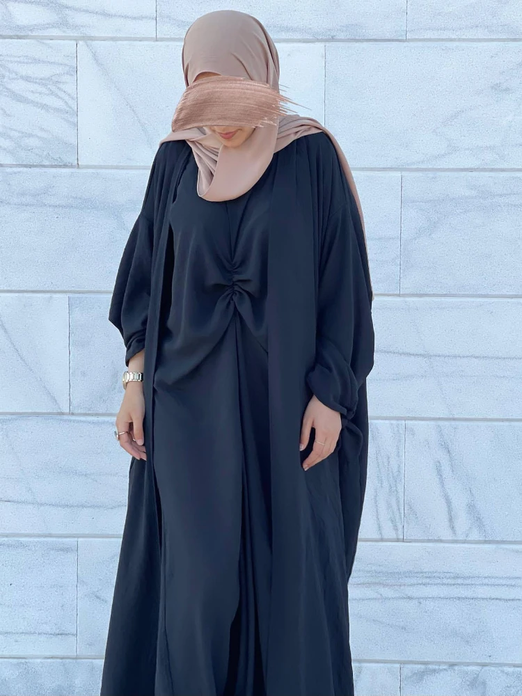 3 Piece Abaya Set Matching Outfit Open Abayas for Women Dubai Islam Turkey Nida Muslim Fashion Hijab Inner Dress Ramadan Kaftan