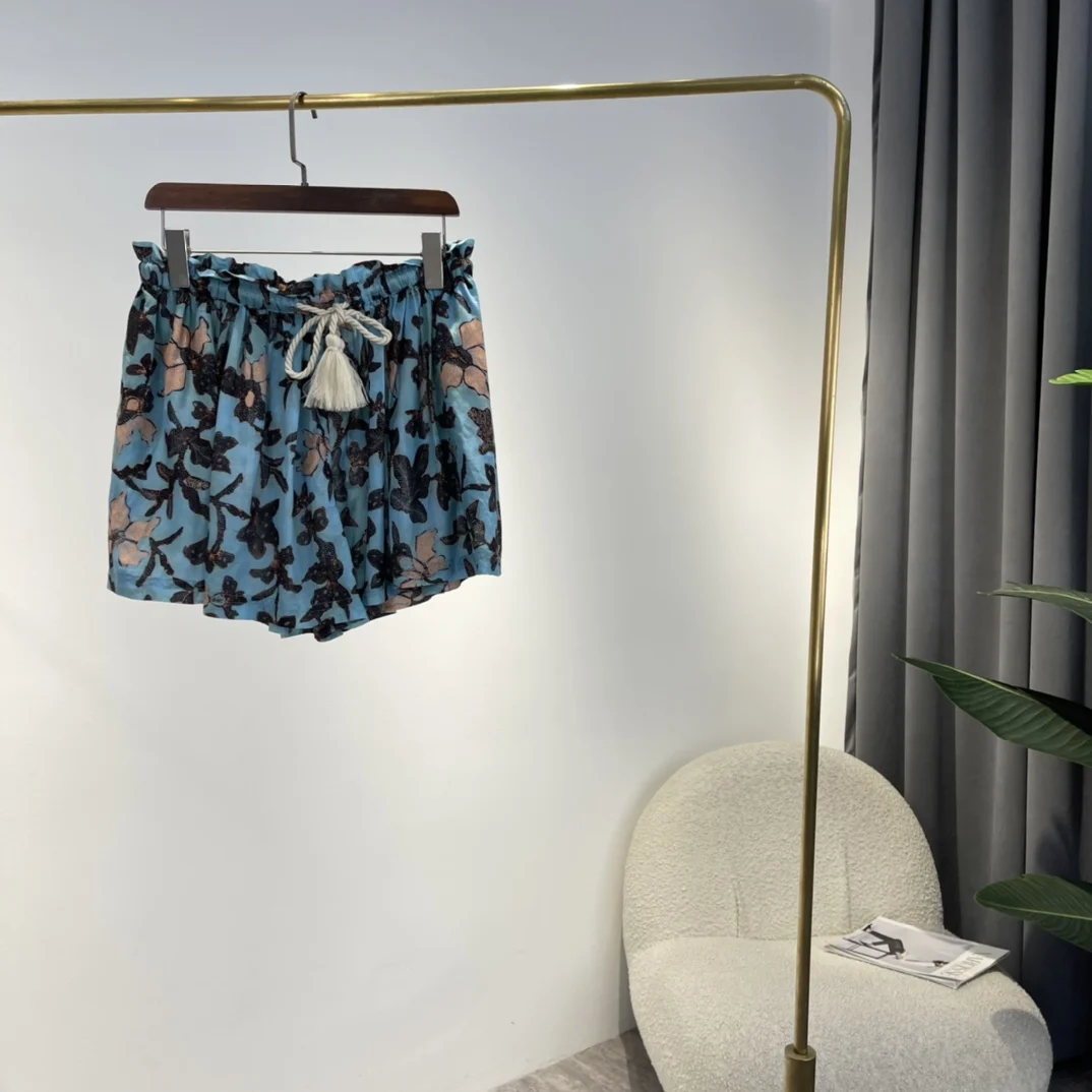

2022 Summer New Top Quality Vintage Orange Blue Multicolor Floral Print Elastic Waist Shorts with Tassel String Belt
