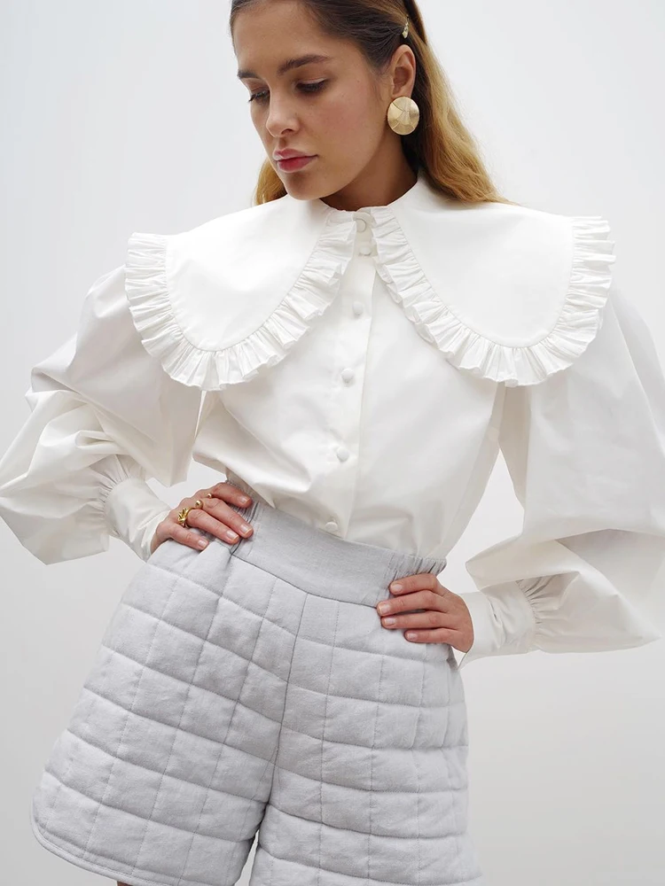 

French palace style collar white cotton shirt for women 2022 Spring and Autumn Europe and America ear side long sleeve shirt
