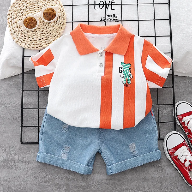 

Летняя одежда для маленьких мальчиков, роскошные дизайнерские футболки в полоску с отложным воротником и коротким рукавом, топы и джинсовые шорты, детские костюмы
