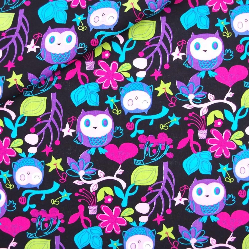 

1 Yard Cotton Woven Fabric For Cloth, Bag, Bedding, Owls,leave and flower, Width=140cm