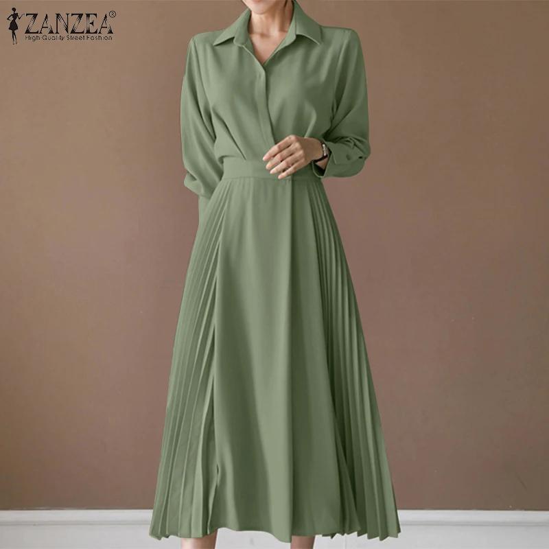 

2022 ZANZEA Fashion Lapel Neck Elegant Pleated Sundress Women Spring Long Sleeve OL Mid-calf Dress Solid Kaftan Vestidos Robe