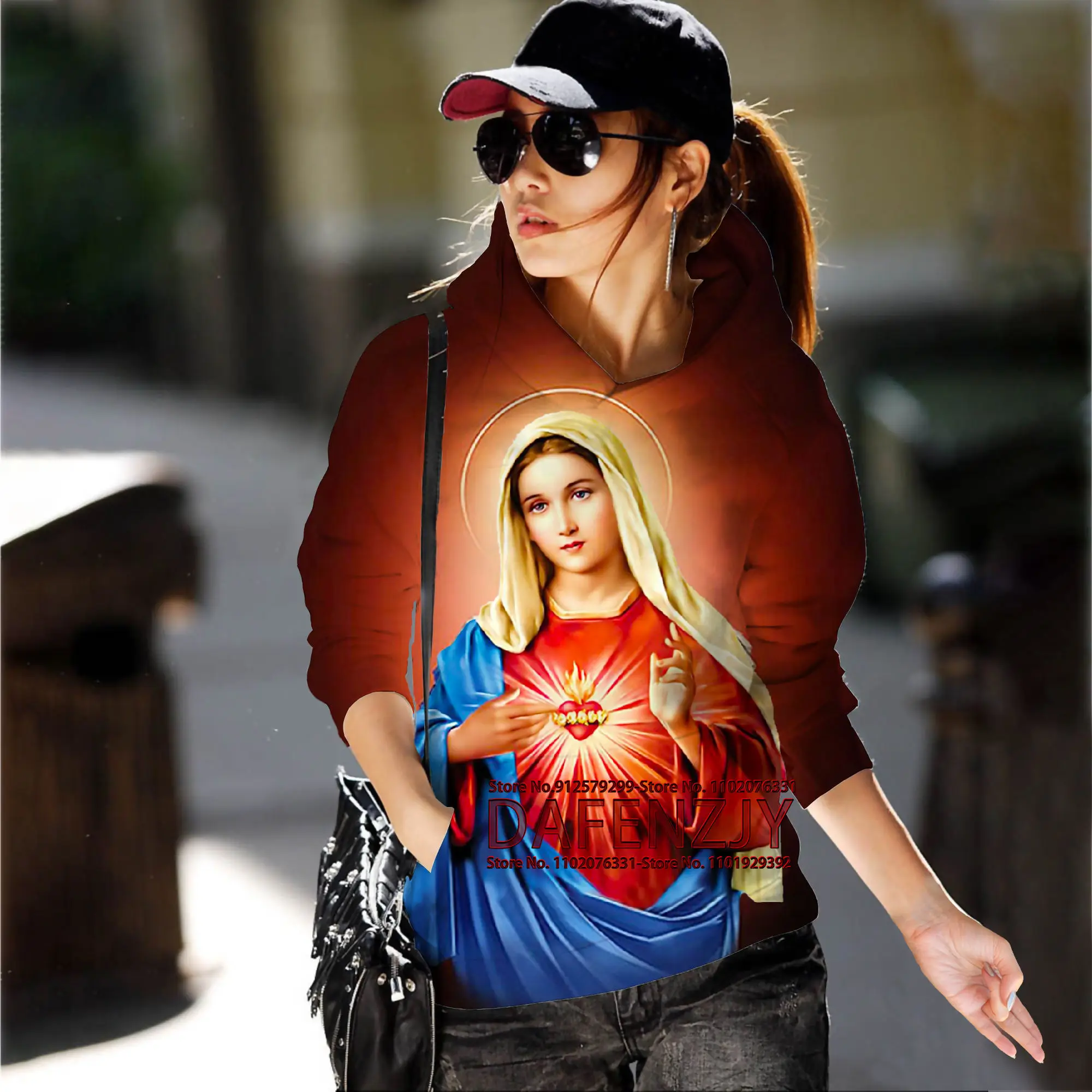 Women's Virgin Mary 3D Printed Long Sleeve Jesus Hoodies Christian Print Hooded Sweatshirt Casual Blouse Pullover With Pocket