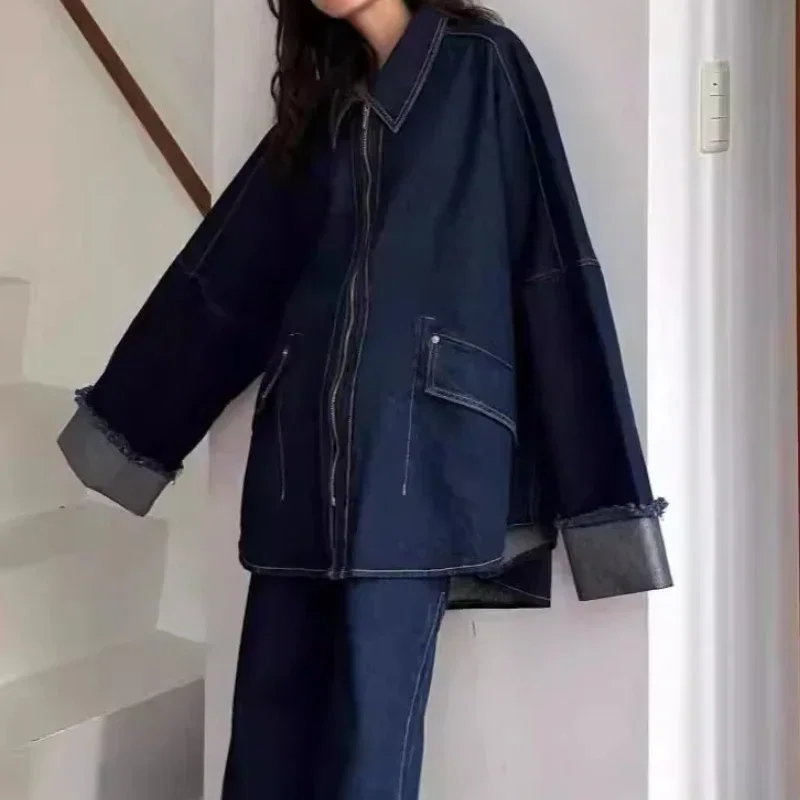 Японская джинсовая женская верхняя одежда 2025 года с лацканами и длинными
