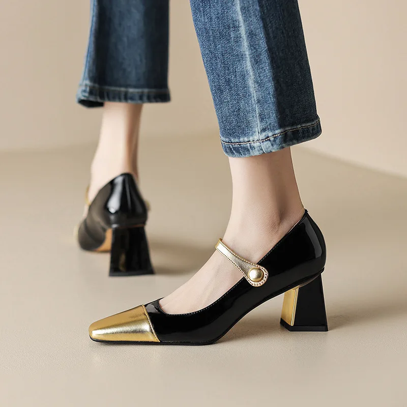 LeShion Of High Quality Real Leather Women Designer Mix-color Pumps Thick High Heels Mary Janes Shoes Ladies 2023 Spring