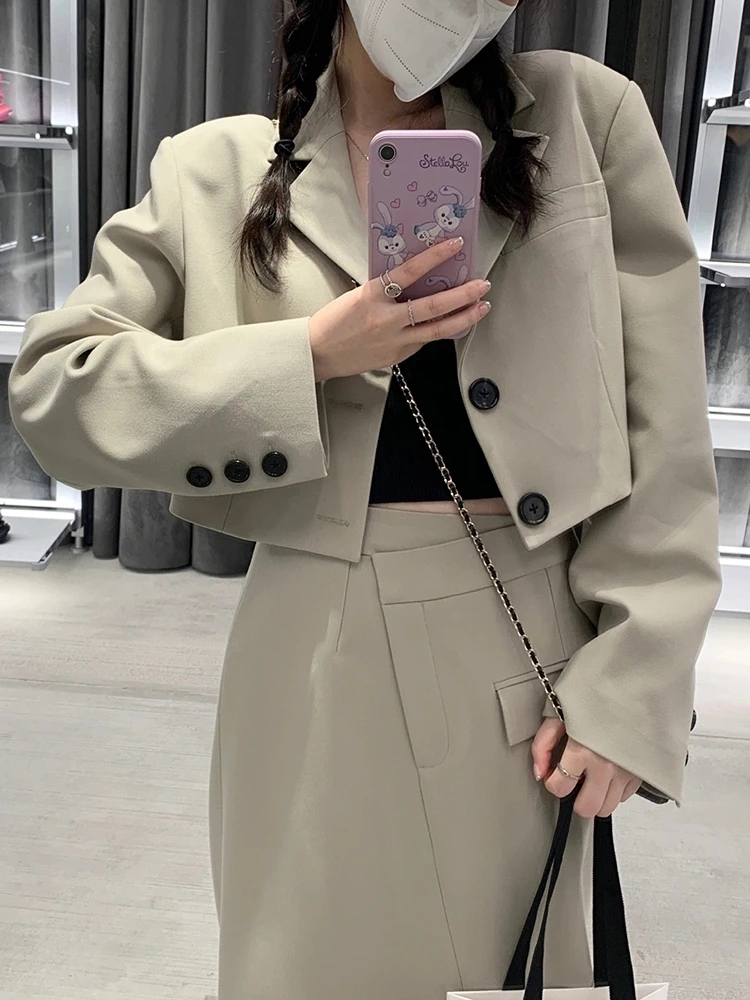 

Autumn New Women Vintage Blazer Skirts Suit Casual Cropped Jackets High Waist Bodycon Saya 2 Pieces Set Female Fashion Clothes