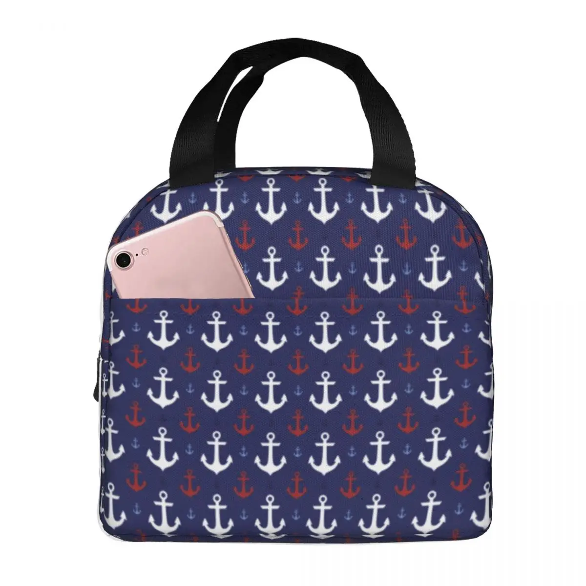 Nautical Sailor Lunch Bag with Handle Anchors Print Meal Cooler Bag Beautiful Zipper Travel Thermal Bag