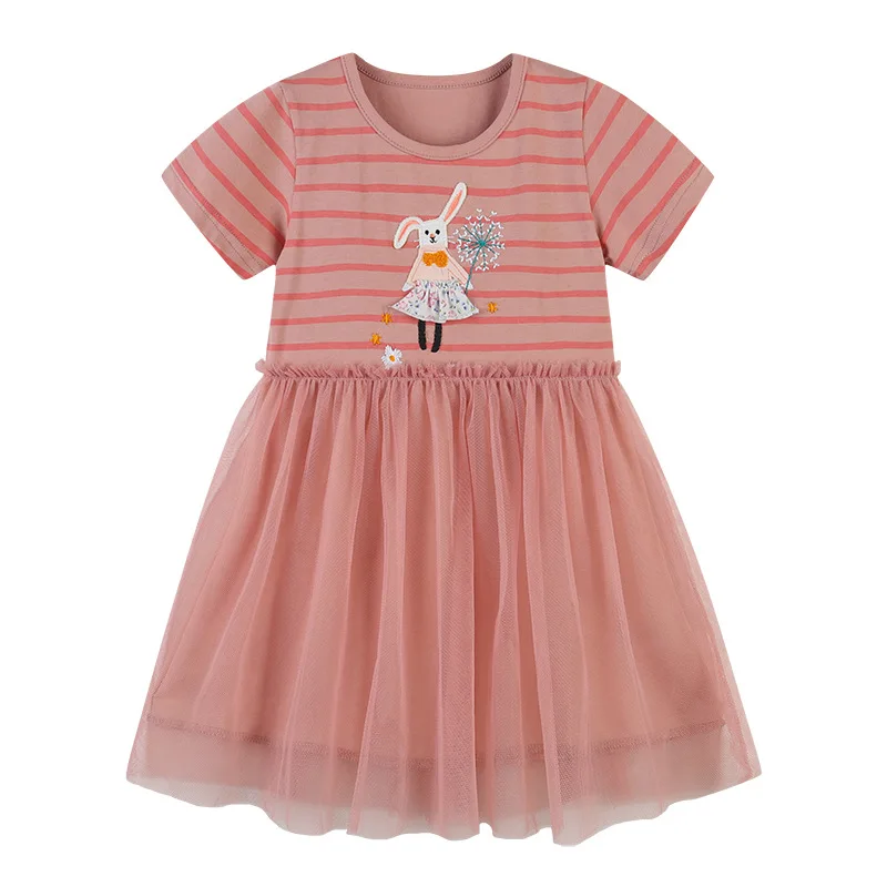 

Летнее платье для девочки с мультяшным кроликом в полоску, Сетчатое платье, новинка 2023, платье принцессы, Красивое Летнее платье с коротким рукавом