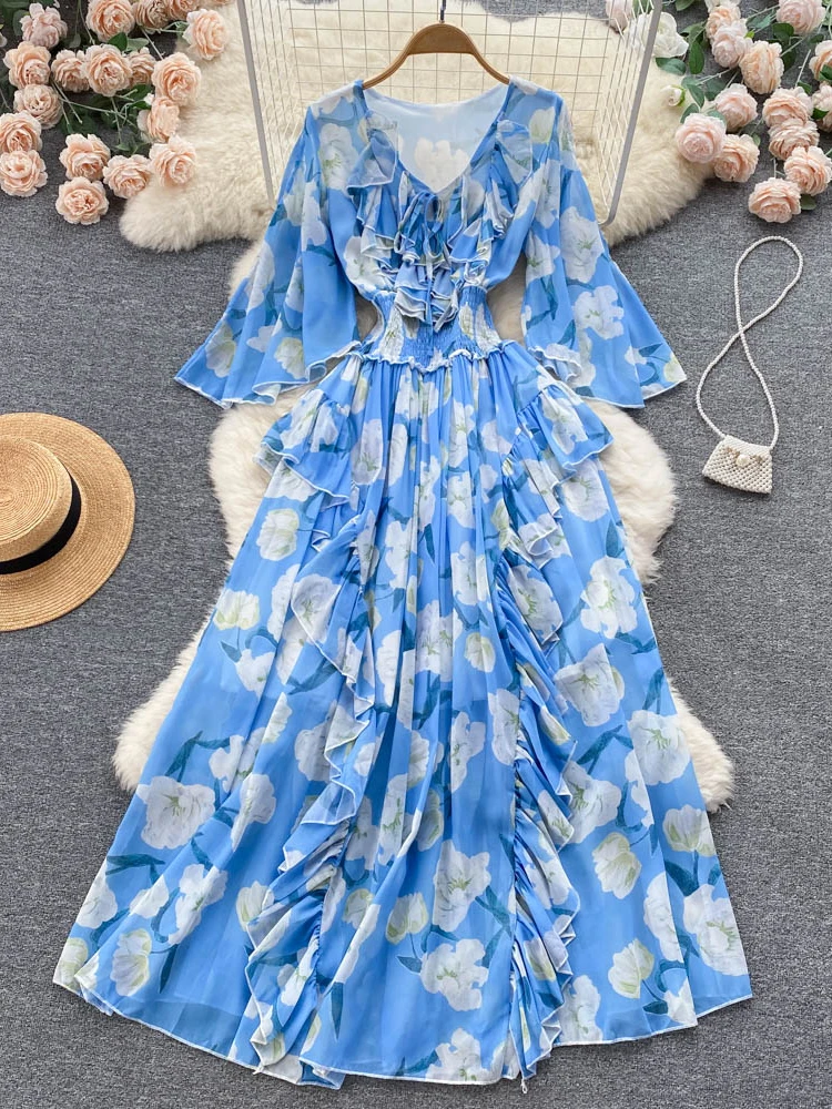 

Aibeautyer New Vintage Summer Floral Print Slim Short Lady Dress A Line V Neck Chiffon Pullover Mid-Calf Women Dresses