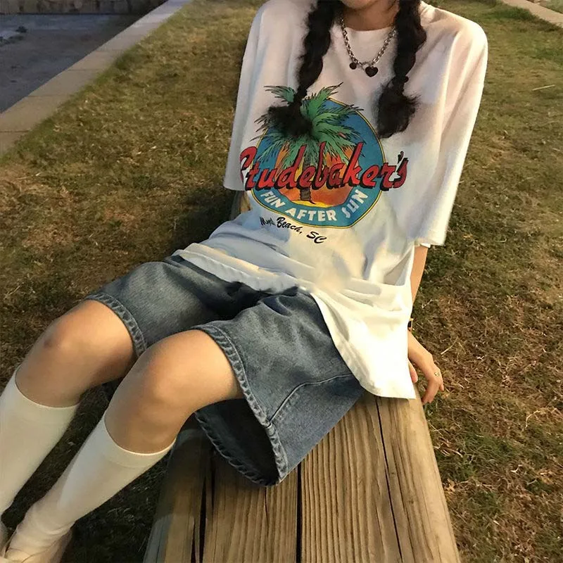 

Baggy Cargo Wide Short Korean Length Vintage High Women Denim Pants Clothes Summer Shorts Leg Streetwear Waist Knee Harajuku