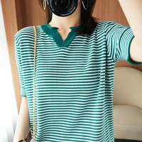 2022 summer womens short sleeved pullover new cotton v neck striped knitted t shirt womens sexy fashion elegant breathable top